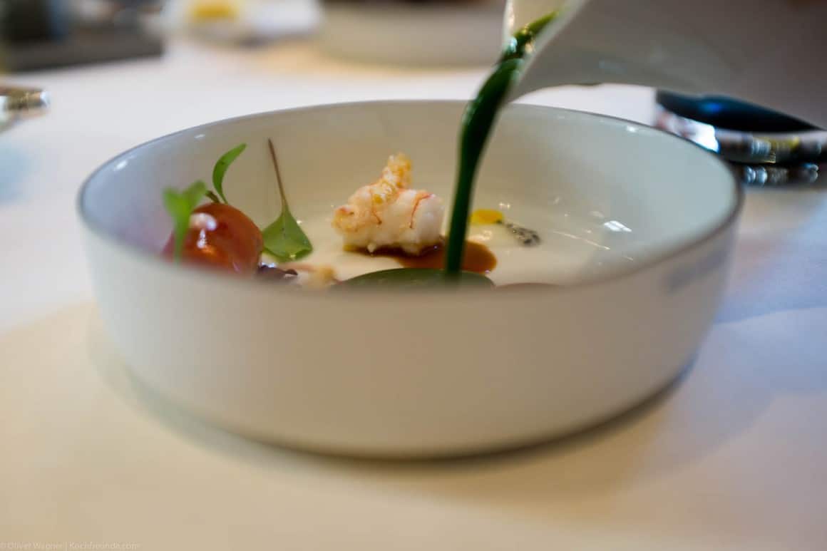 Amouse: Norway lobster, basil, tomato